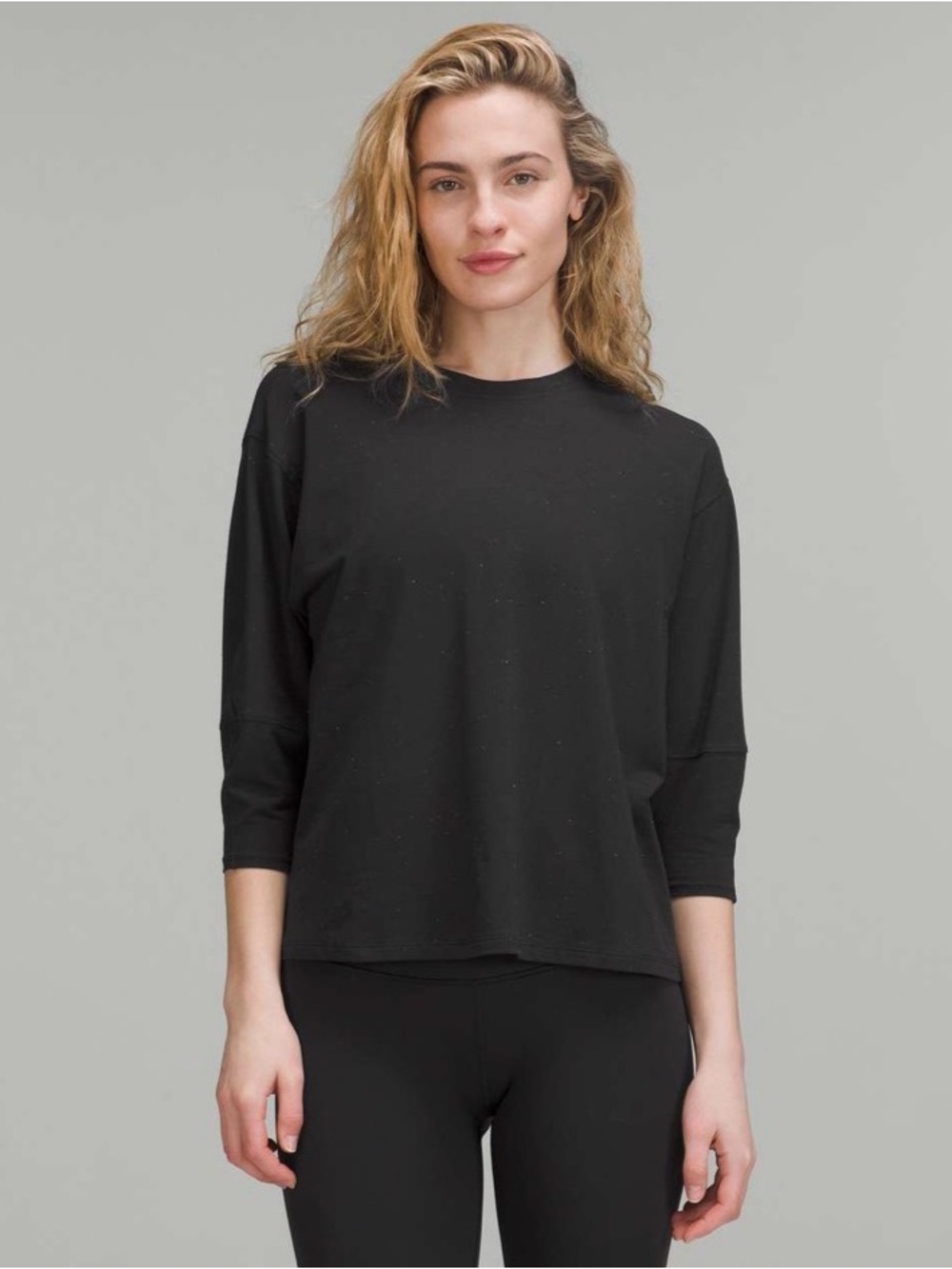 Lululemon La 3/4 Sleeve Crewneck Shirt Black, Confetti Speckle, Boxy Fit, Size 8